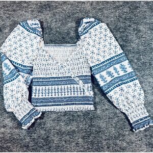 Peasant Smocked Crop Top Women XS Blue White Puff Sleeve Boho Cottagecore Spring